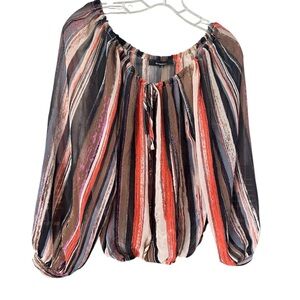 Olivaceous Women's Striped Sheer Blouse Sz MED Multicolor BOHO Tie Front Buttons
